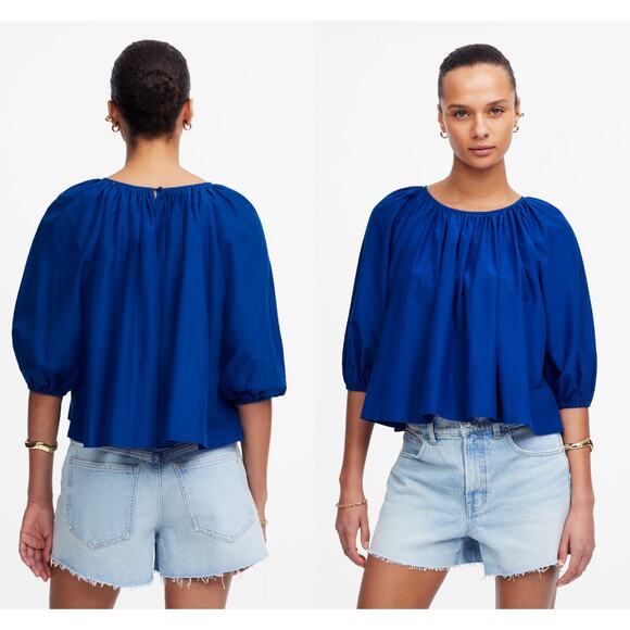 Madewell | NWT Shirred Puff-Sleeve Top in Cotton-Silk Voile Bright Sapphire Sz L - Picture 1 of 10